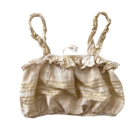 NWT Pearl & Caviar Crop Ruffle Top Woven Cotton Oatmeal Gold Metallic Striped S - Picture 1 of 16